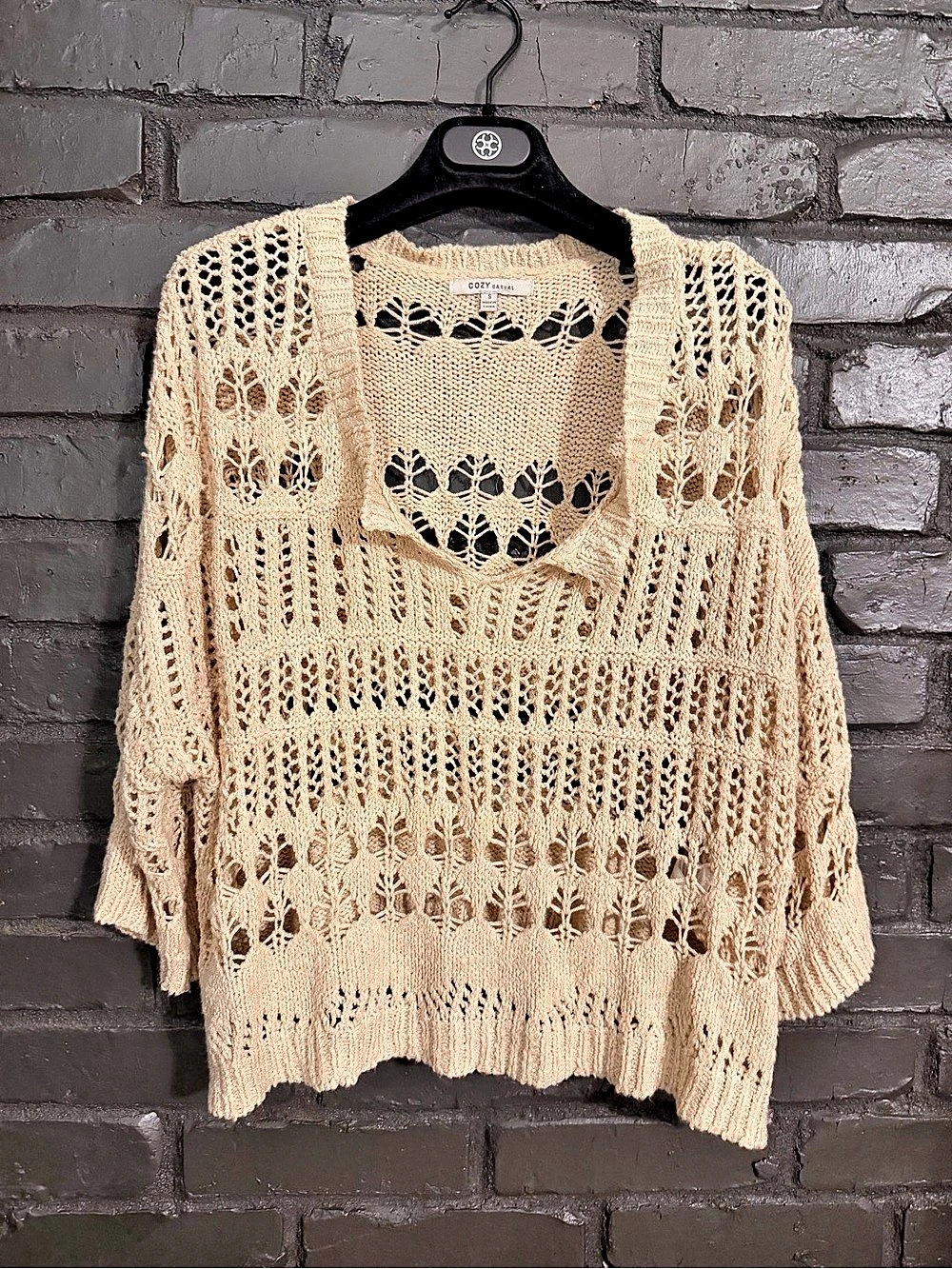 Boho Cozy Casual Open Knit Sweater in Cream Size Small